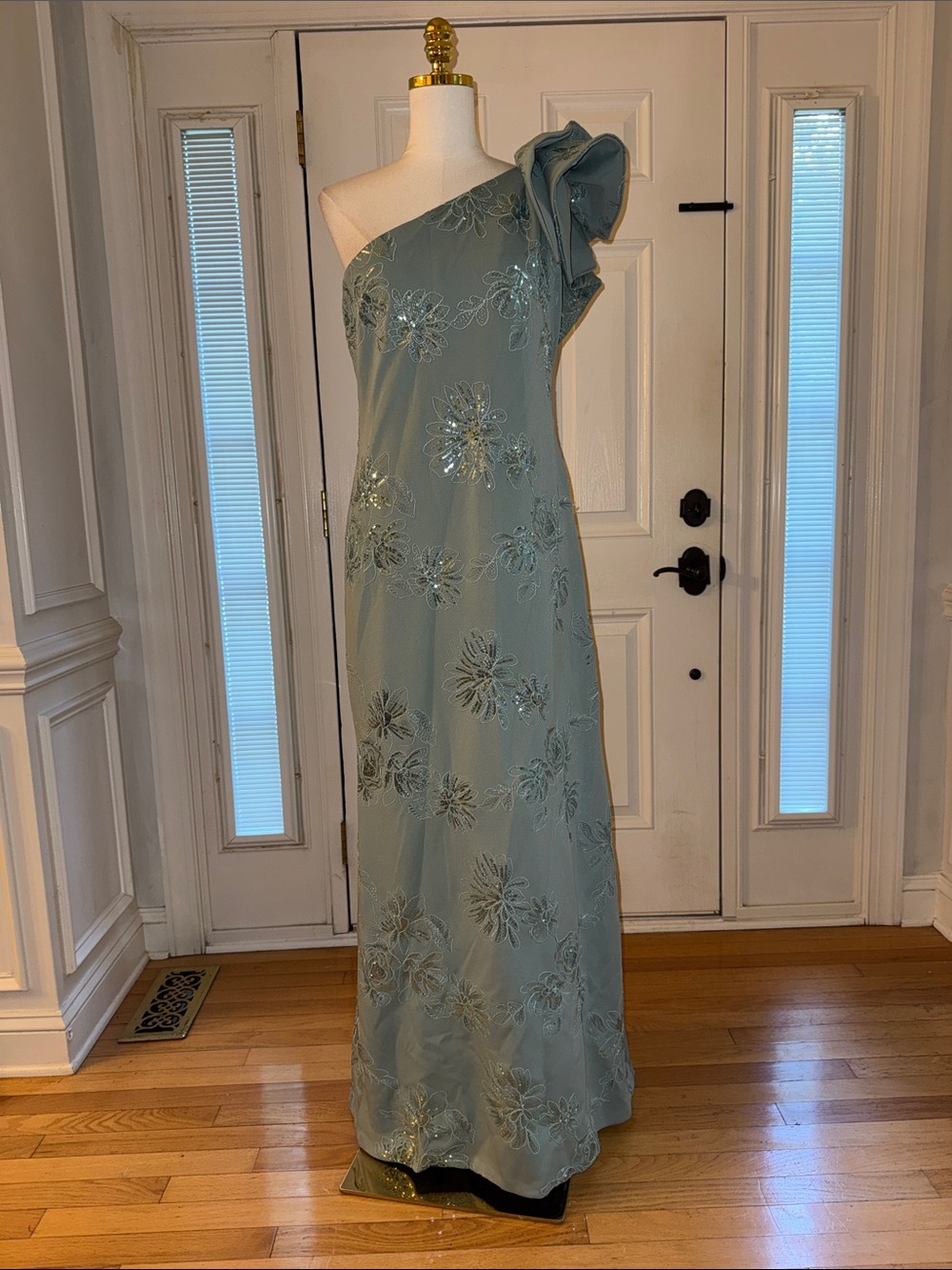 Betsy & Adam One-Shoulder Sage Green Gown with Floral Sequin Detail
